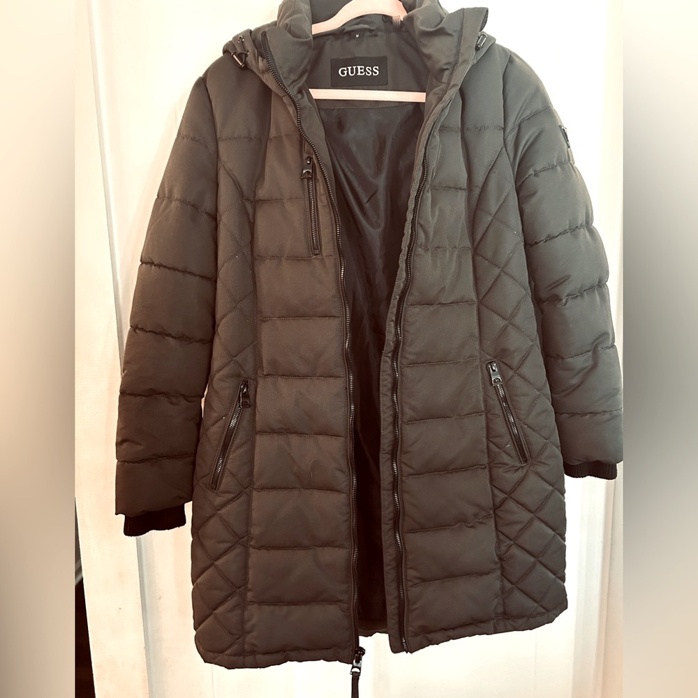 GUESS - NEW -Chocolate Brown long insulated hooded coat lined with pockets MED.